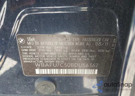 2011 BMW 535I xDrive from USA, damaged, VIN WBAFU7C50BDU56362